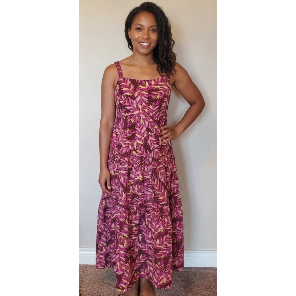 Dip Womens Tropical Leaf Print Cotton Tiered Maxi Dress Plum‎ Pink Size M
